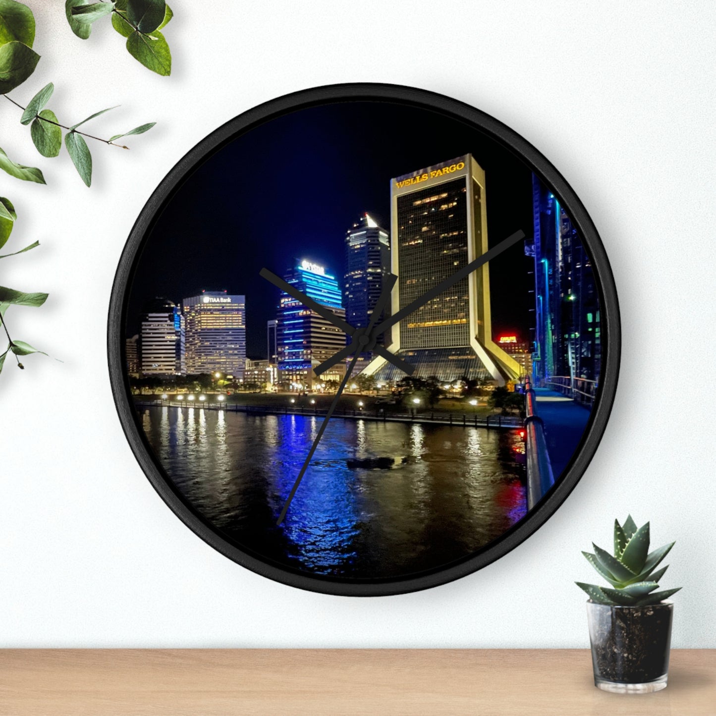 City Nightscape Wall Clock — Illuminated Skyline Reflection Clock for Modern Home Décor