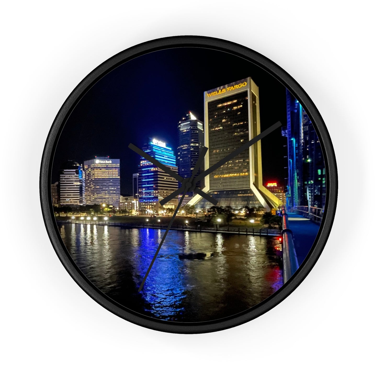 City Nightscape Wall Clock — Illuminated Skyline Reflection Clock for Modern Home Décor