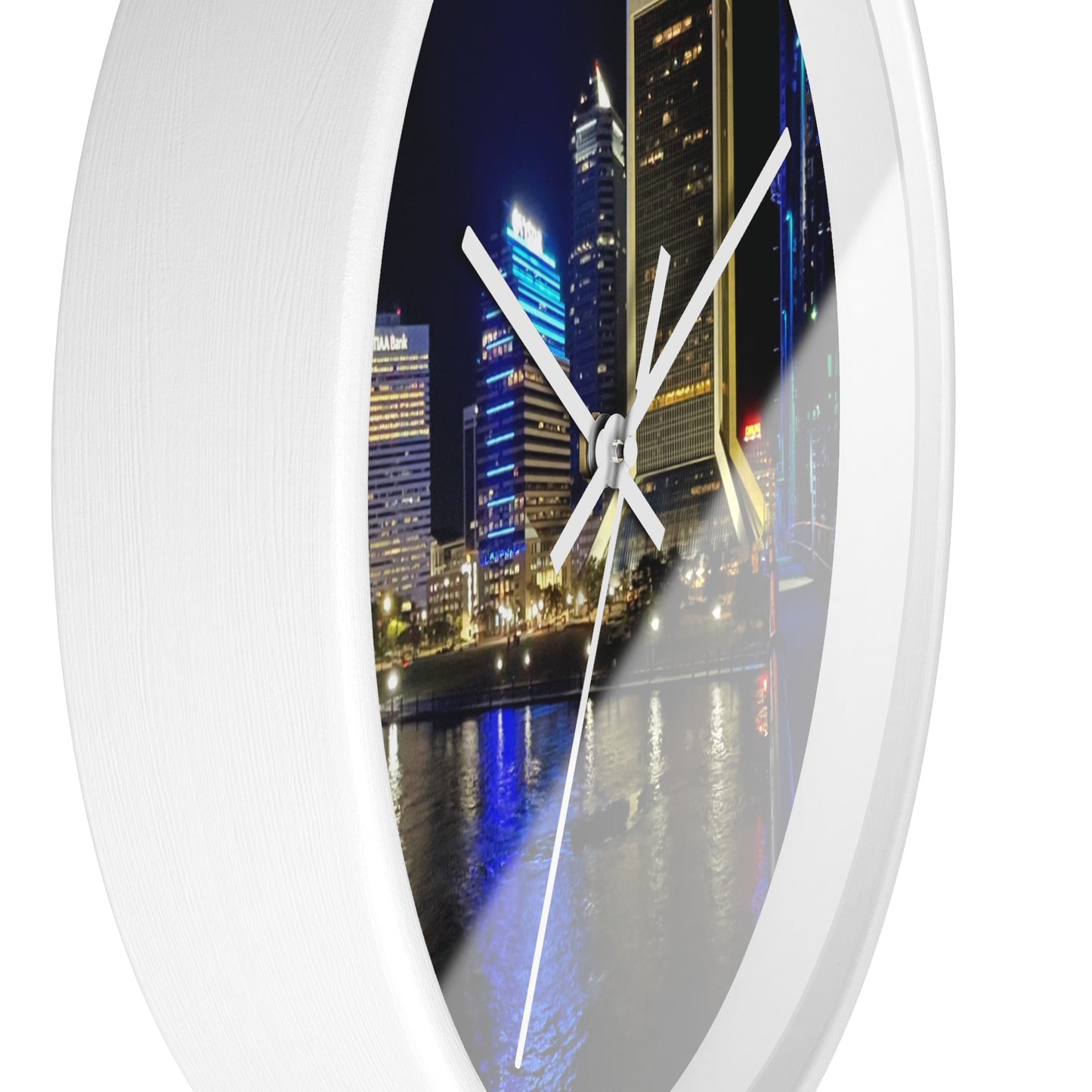 City Nightscape Wall Clock — Illuminated Skyline Reflection Clock for Modern Home Décor
