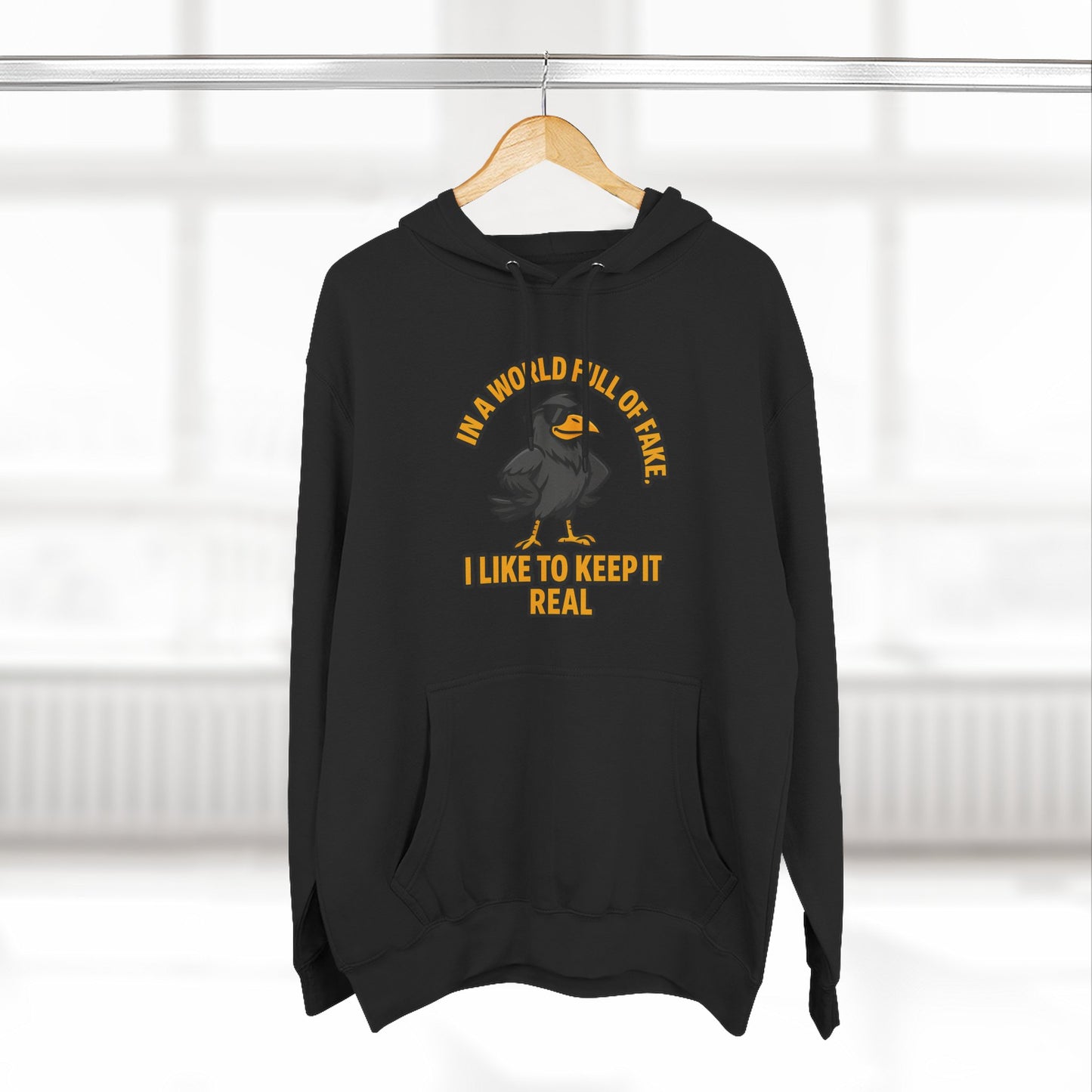 Three-Panel Hoodie — Funny Ostrich "I Like to Keep It Real" Graphic