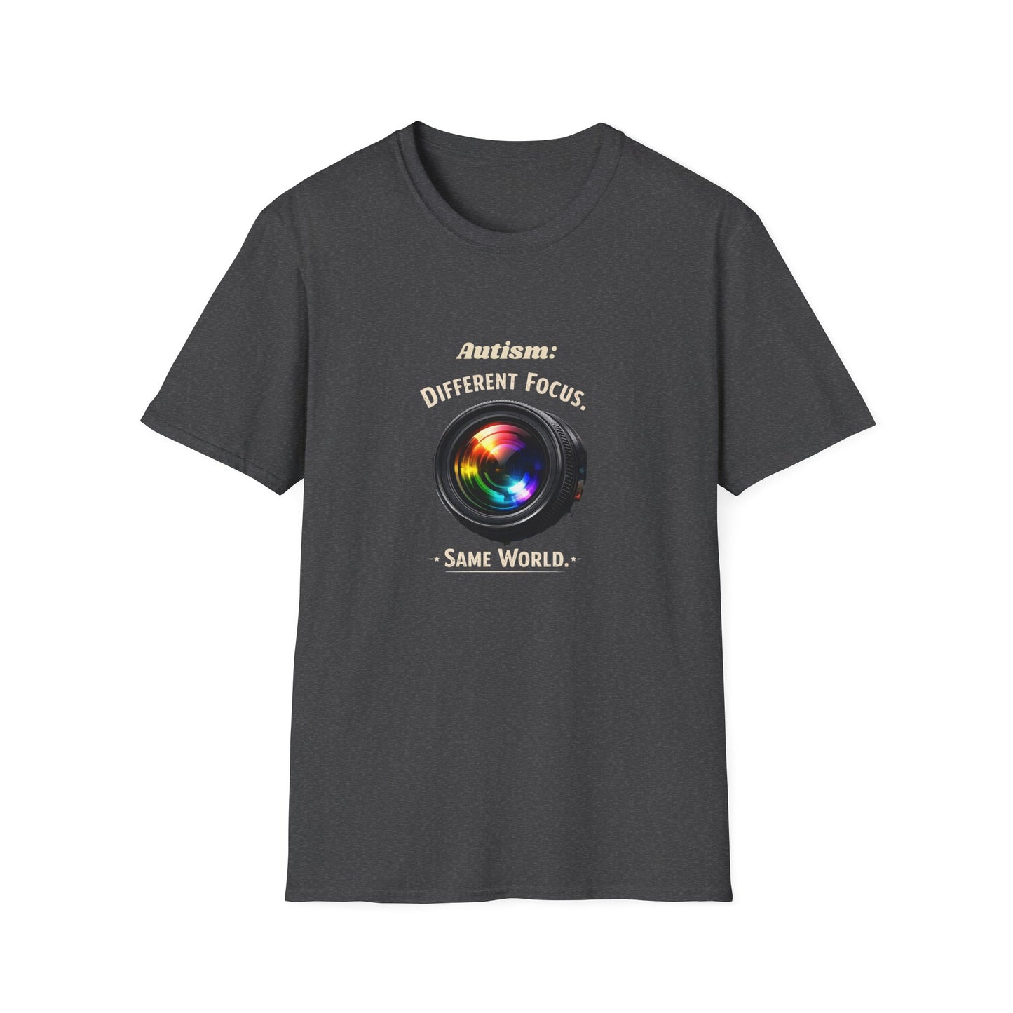 Autism: Different Focus Same World T-Shirt — Camera Lens Awareness Tee