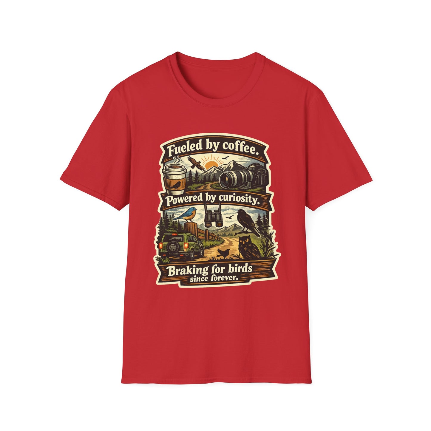 Birdwatcher Graphic T-Shirt — "Fueled by Coffee. Powered by Curiosity. Braking for Birds."