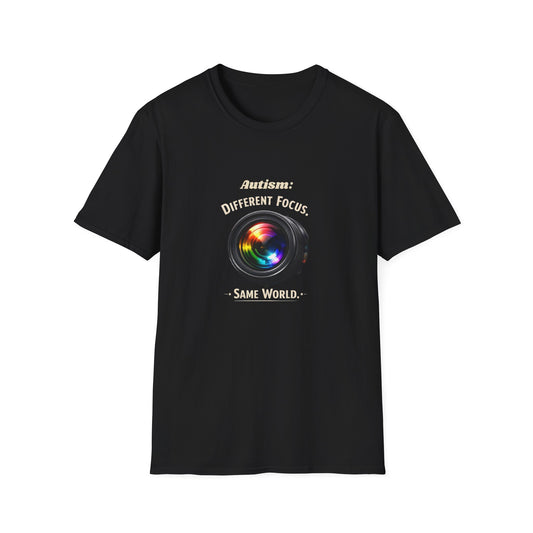 Autism: Different Focus Same World T-Shirt — Camera Lens Awareness Tee