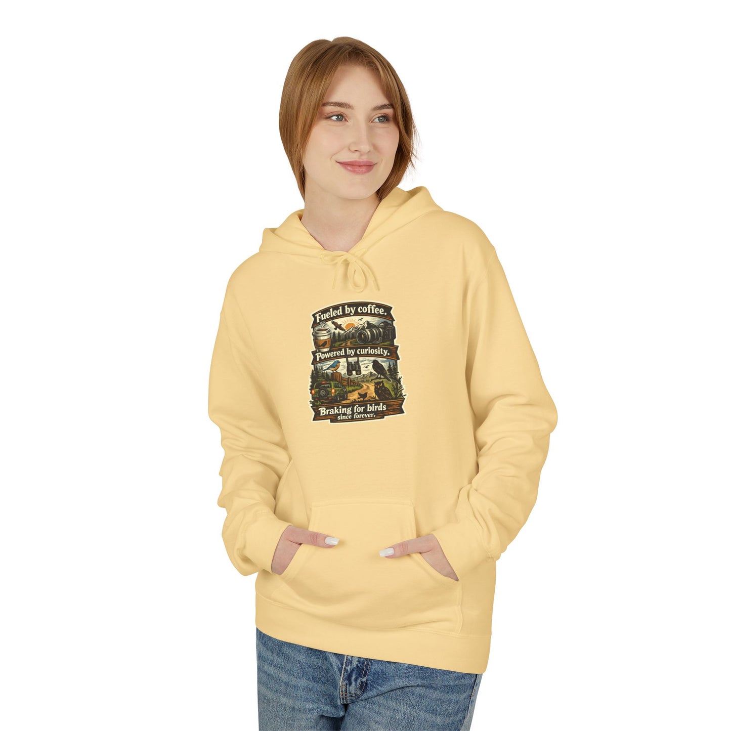 Hoodie — "Fueled by Coffee, Powered by Curiosity, Braking for Birds" Vintage Adventure Graphic