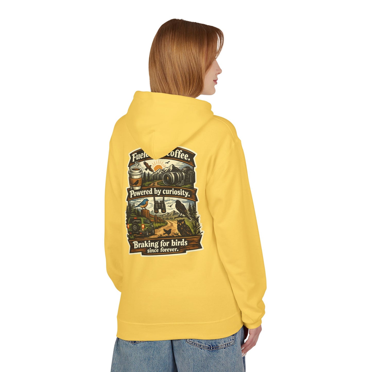 Hoodie — "Fueled by Coffee, Powered by Curiosity, Braking for Birds" Vintage Adventure Graphic