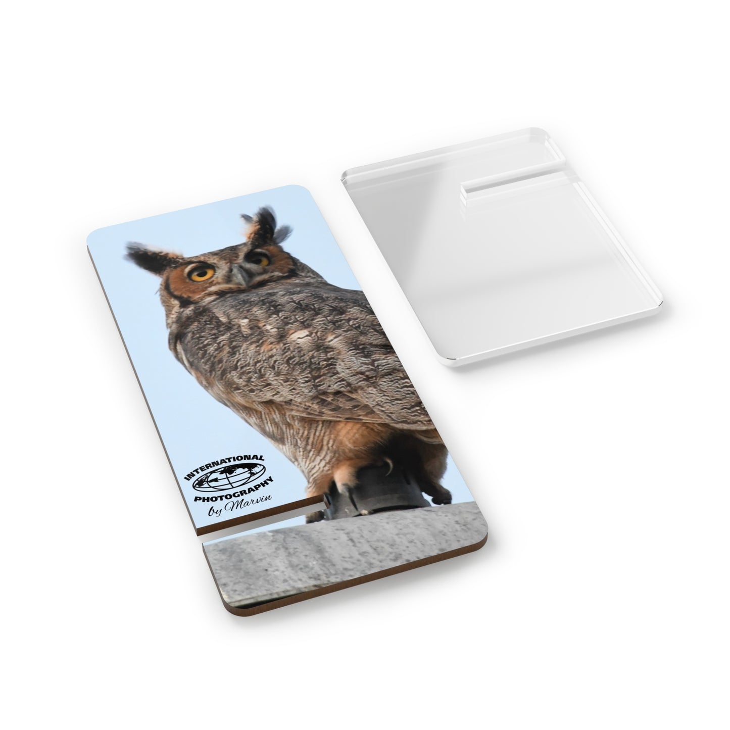 Owl Photo Phone Stand — Portable Smartphone Display Stand with Great Horned Owl Design