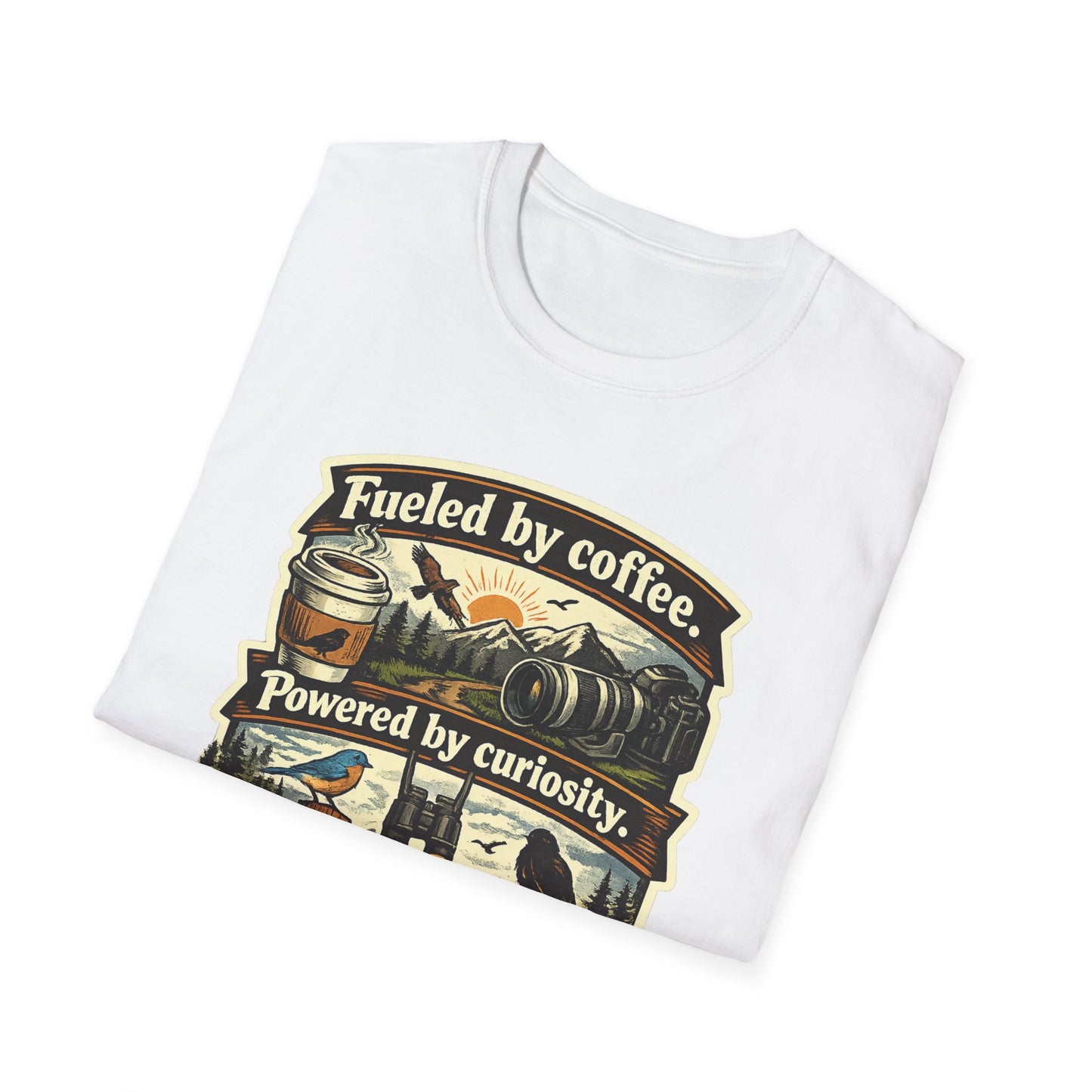 Birdwatcher Graphic T-Shirt — "Fueled by Coffee. Powered by Curiosity. Braking for Birds."