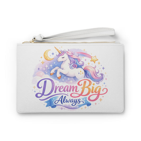 Clutch Bag — 'Dream Big Always' Unicorn Wristlet Clutch, Cute Pastel Magic Accessory for Girls & Teens