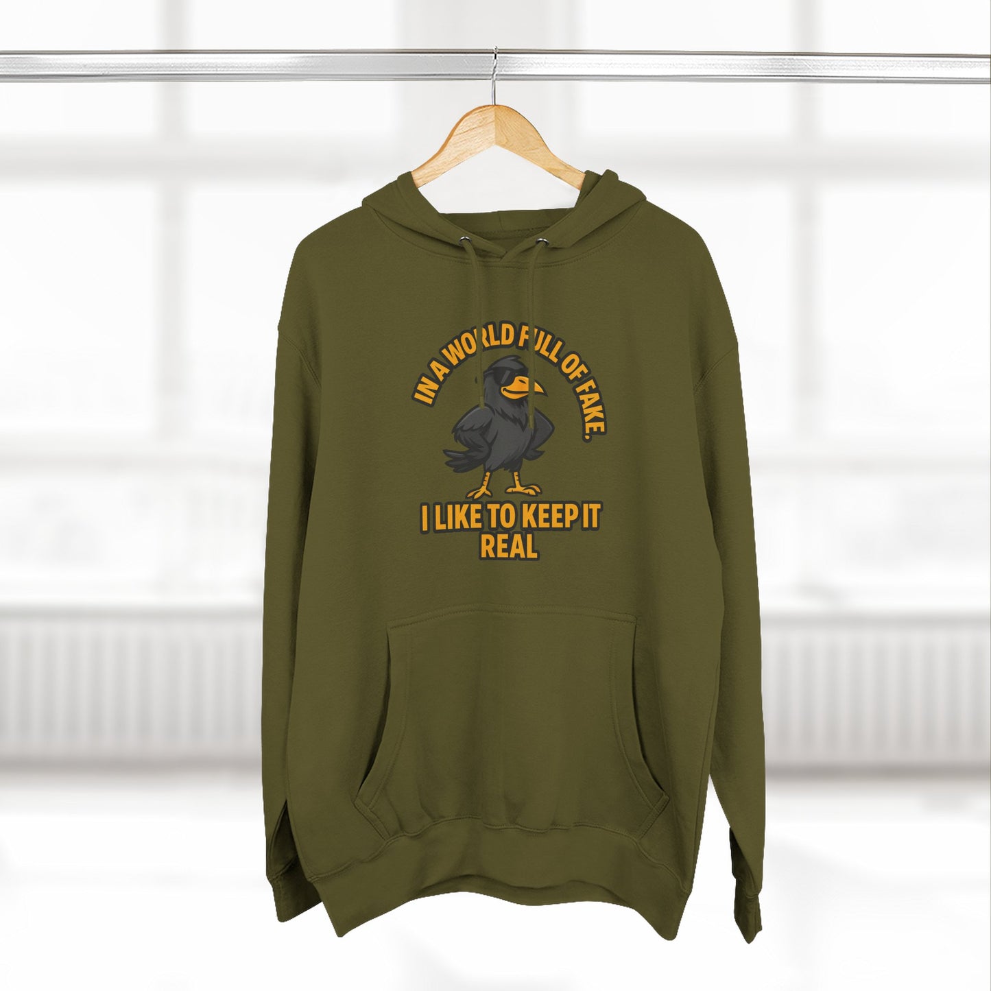 Three-Panel Hoodie — Funny Ostrich "I Like to Keep It Real" Graphic