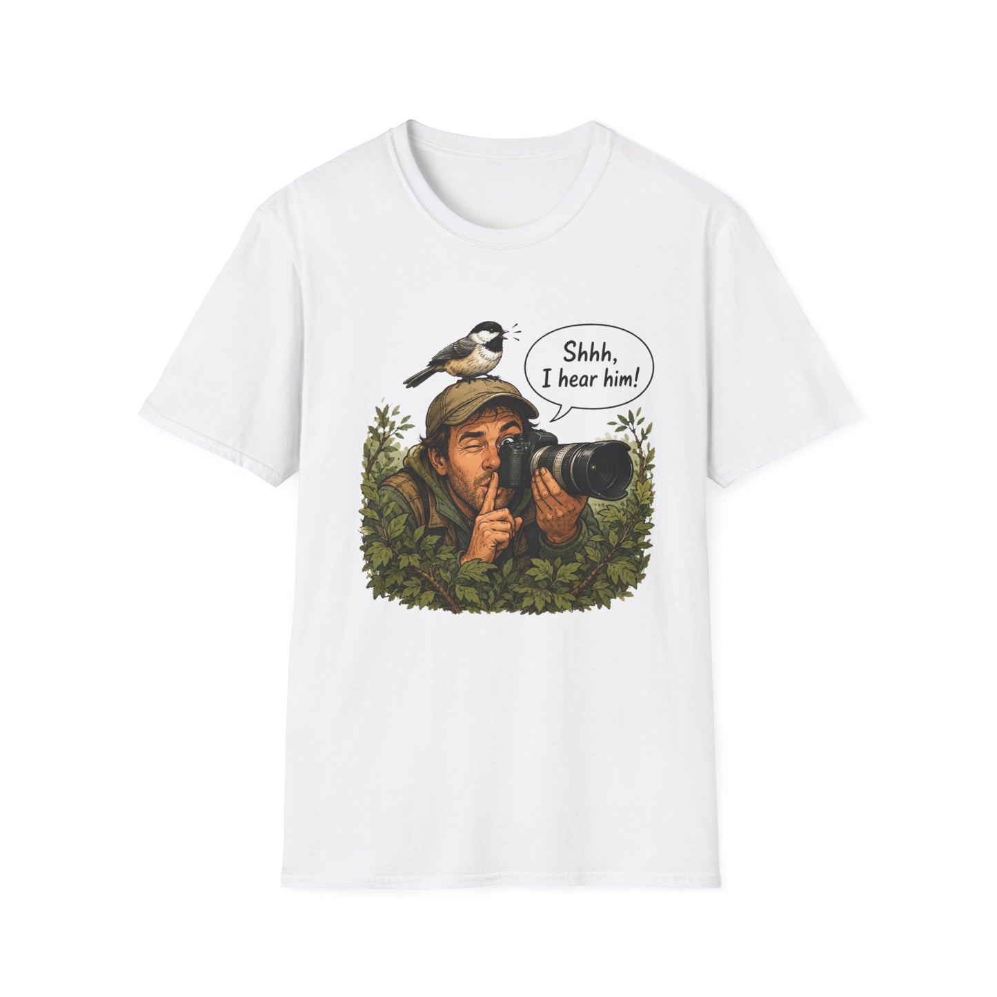 Birdwatcher Photographer T‑Shirt — “Shhh, I hear him!” Nature Lover Tee