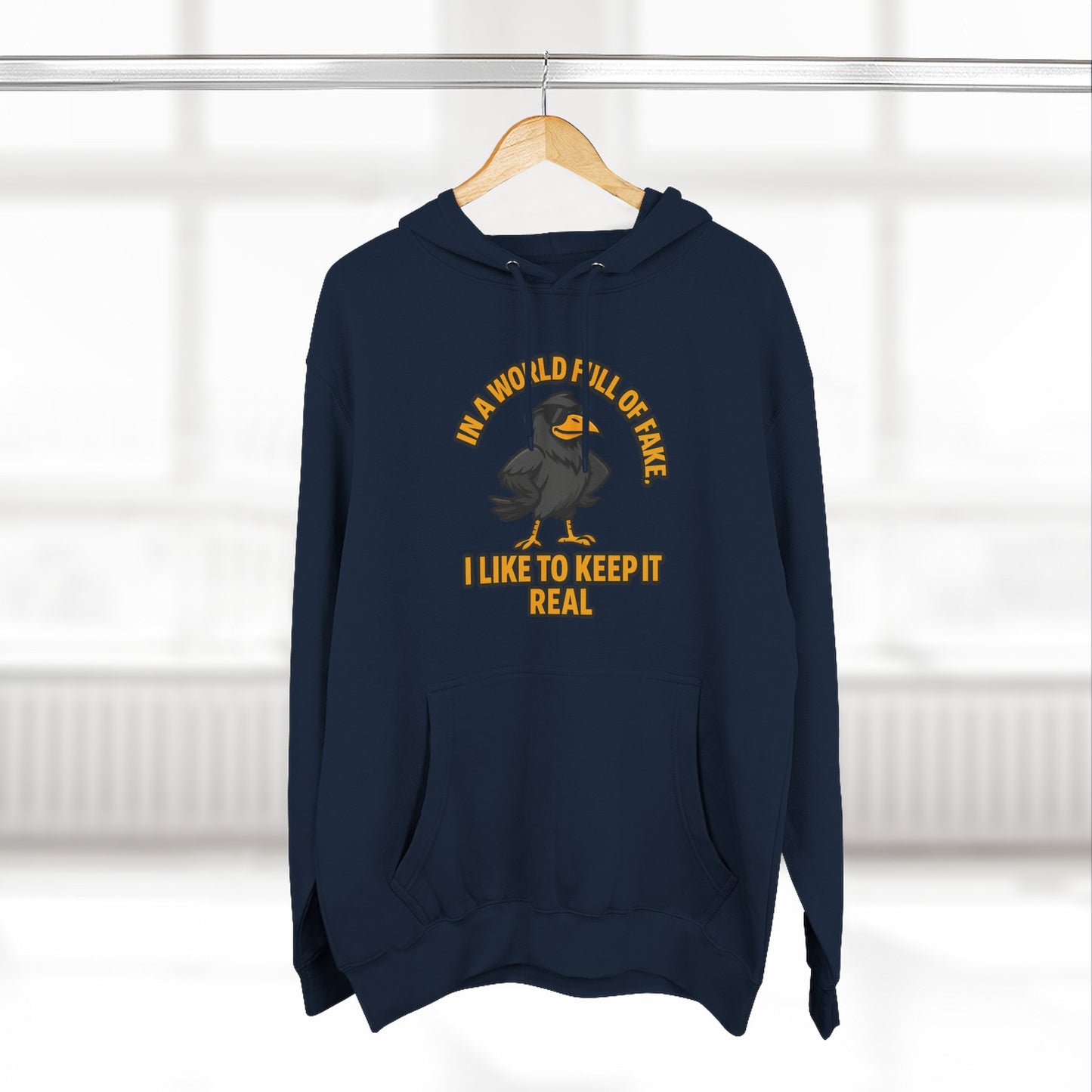 Three-Panel Hoodie — Funny Ostrich "I Like to Keep It Real" Graphic