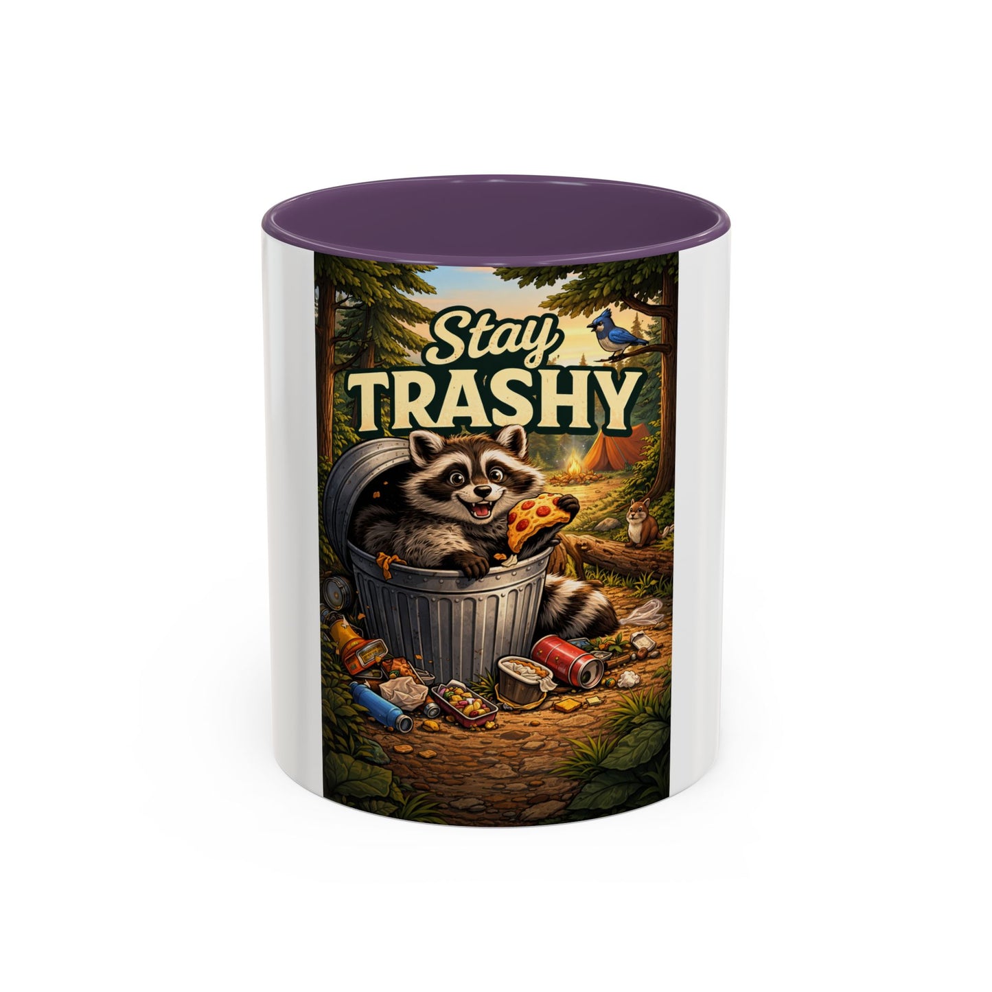 Stay Trashy Coffee Mug — Funny Raccoon Trash Can Design, Novelty Gift for Friends & Family