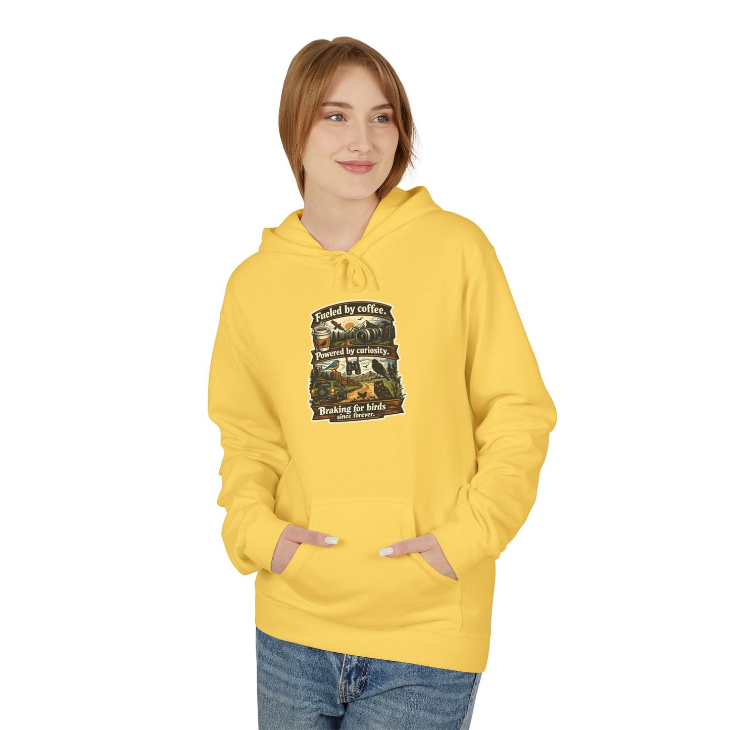 Hoodie — "Fueled by Coffee, Powered by Curiosity, Braking for Birds" Vintage Adventure Graphic