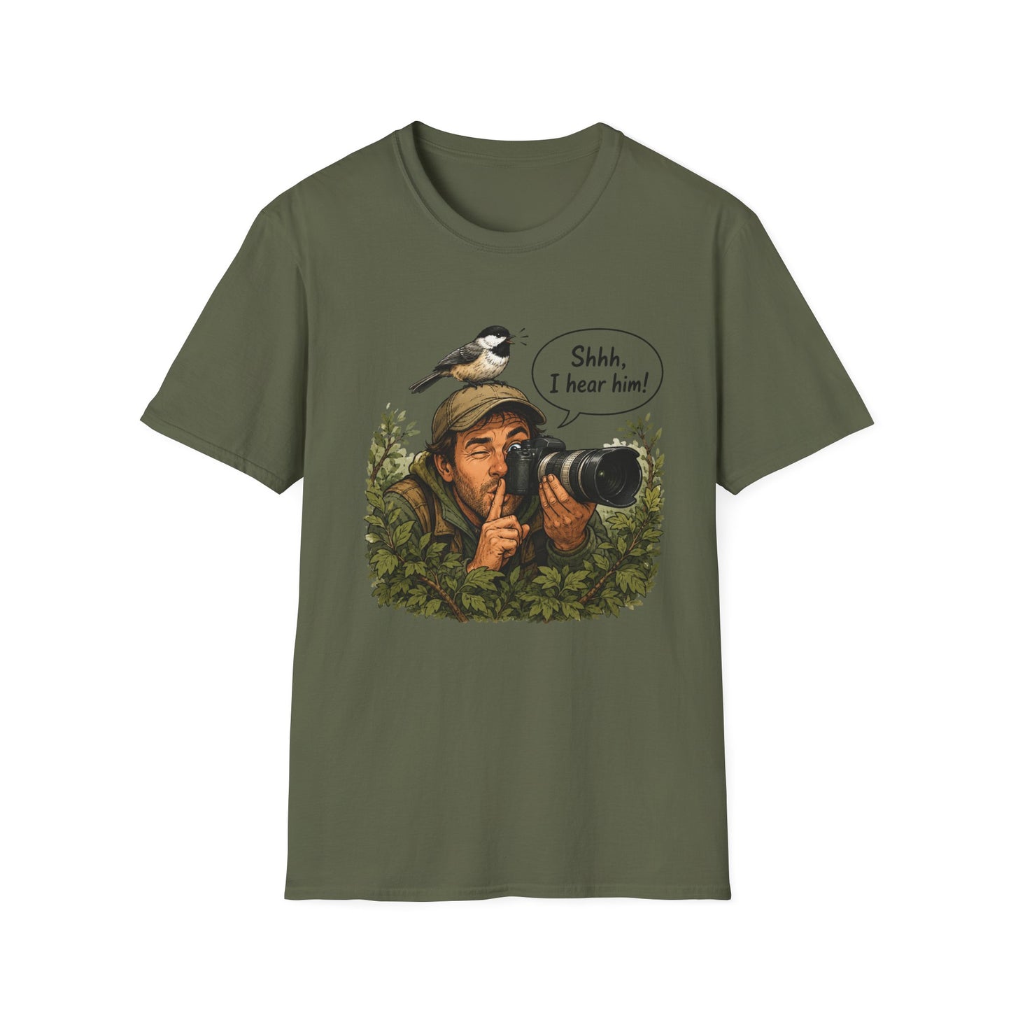 Birdwatcher Photographer T‑Shirt — “Shhh, I hear him!” Nature Lover Tee