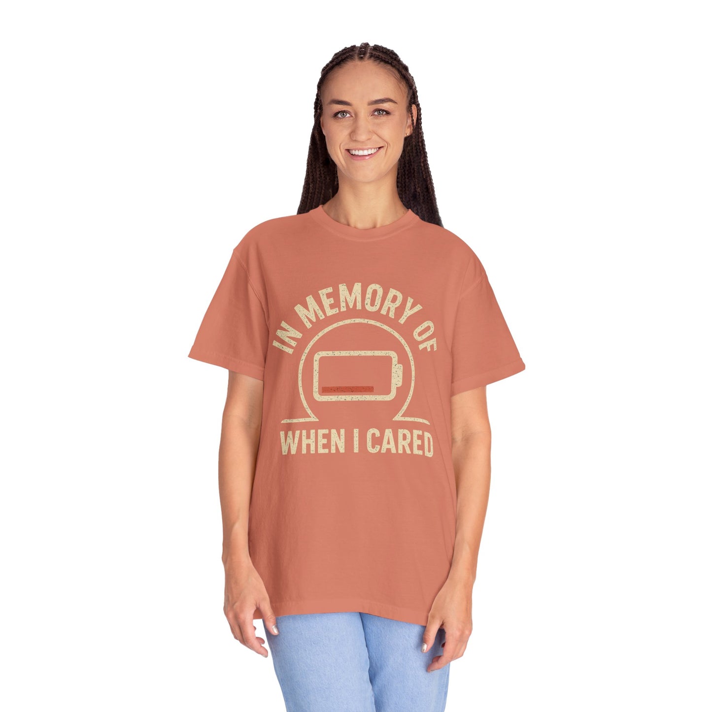 T-Shirt — "In Memory of When I Cared" Low Battery Graphic Tee