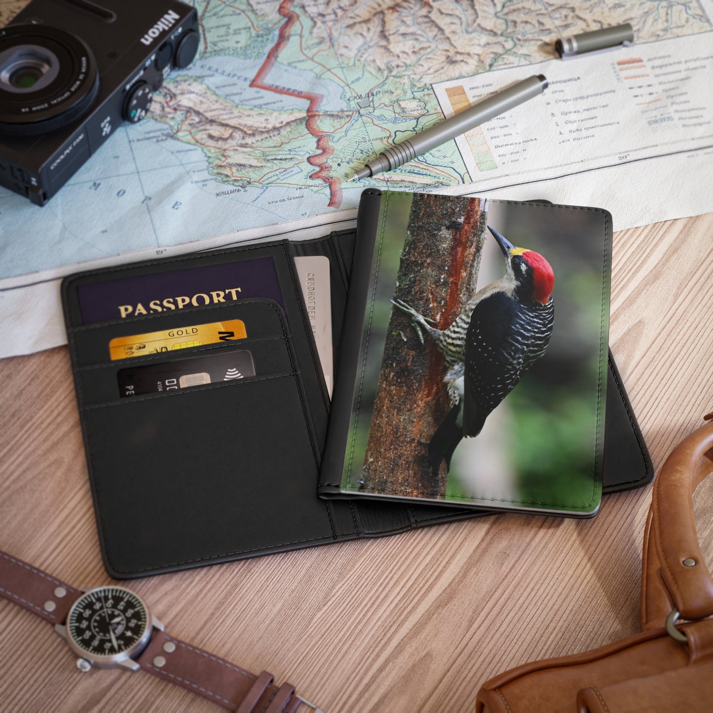 Woodpecker Passport Cover — Red-capped Bird Travel Passport Holder