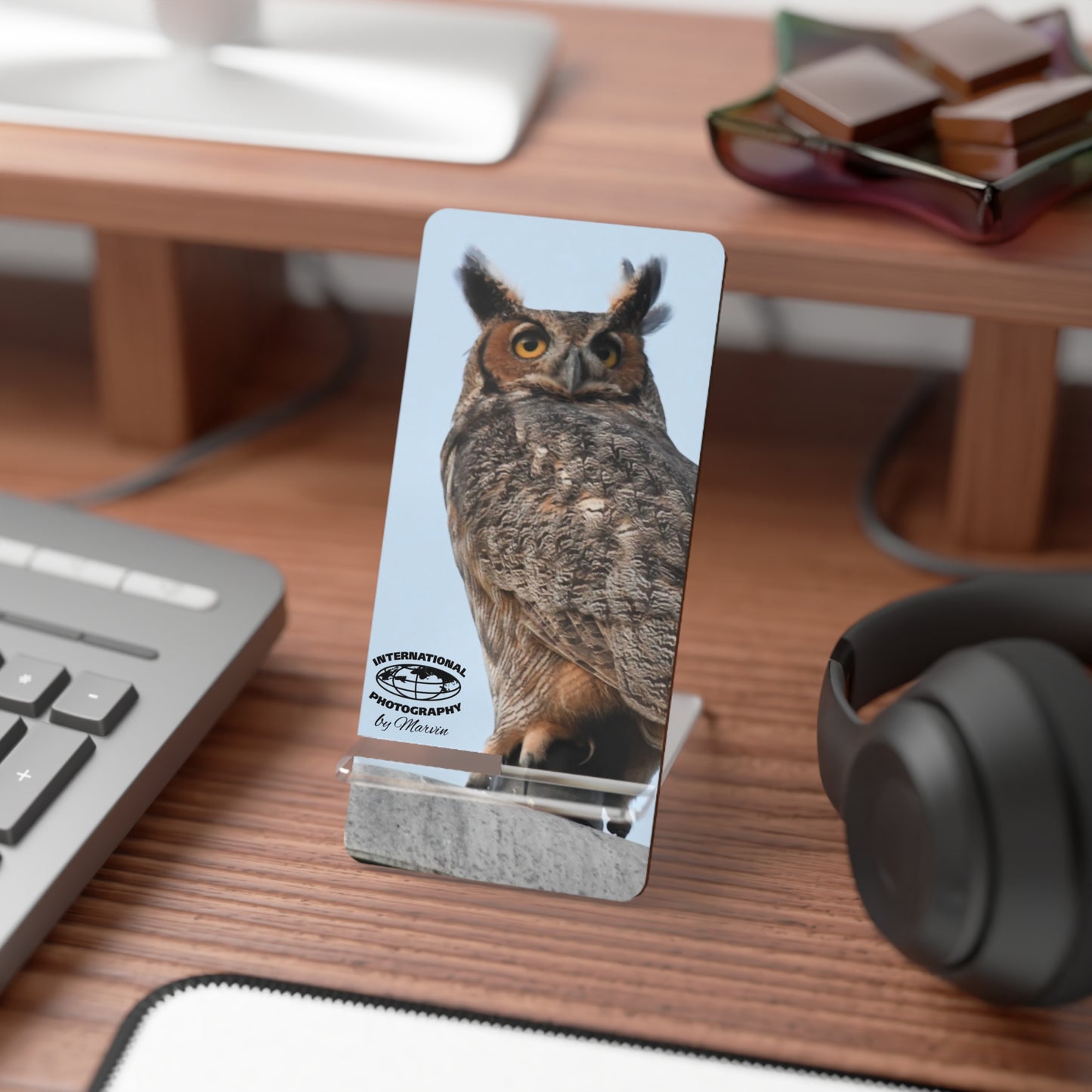 Owl Photo Phone Stand — Portable Smartphone Display Stand with Great Horned Owl Design
