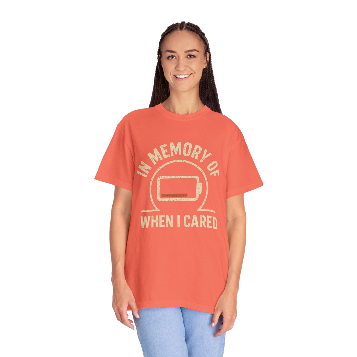 T-Shirt — "In Memory of When I Cared" Low Battery Graphic Tee