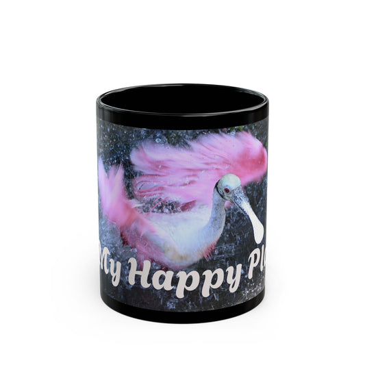 Vibrant Black Mug with Happy Place Design, Unique Gift for Bird Lovers, Coffee Mug, Cute Home Decor, Fun Office Mug, Ideal for Birthdays