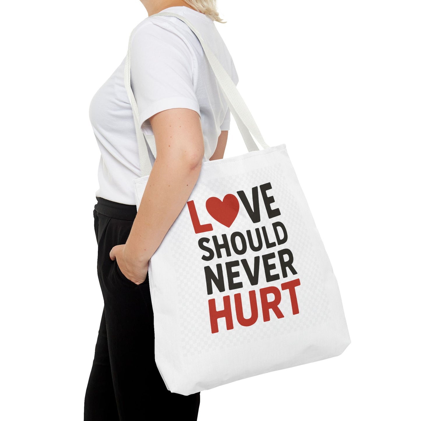 Love Should Never Hurt Tote Bag – Inspirational Gift for Awareness Events, Eco-Friendly Reusable Shopping Bag, Positive Affirmation Bag