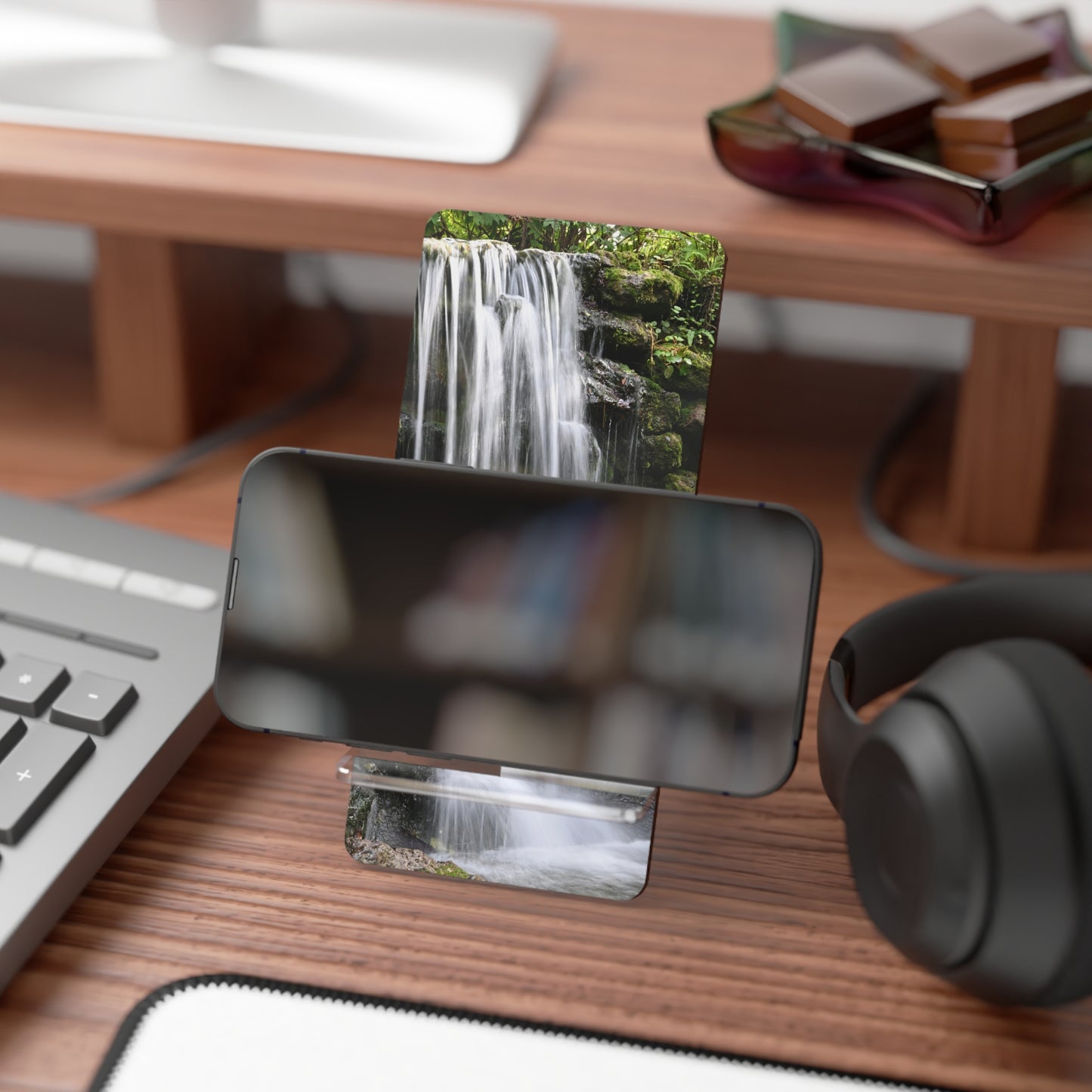 Waterfall Phone Stand — Scenic Acrylic Mobile Display Stand for Smartphones