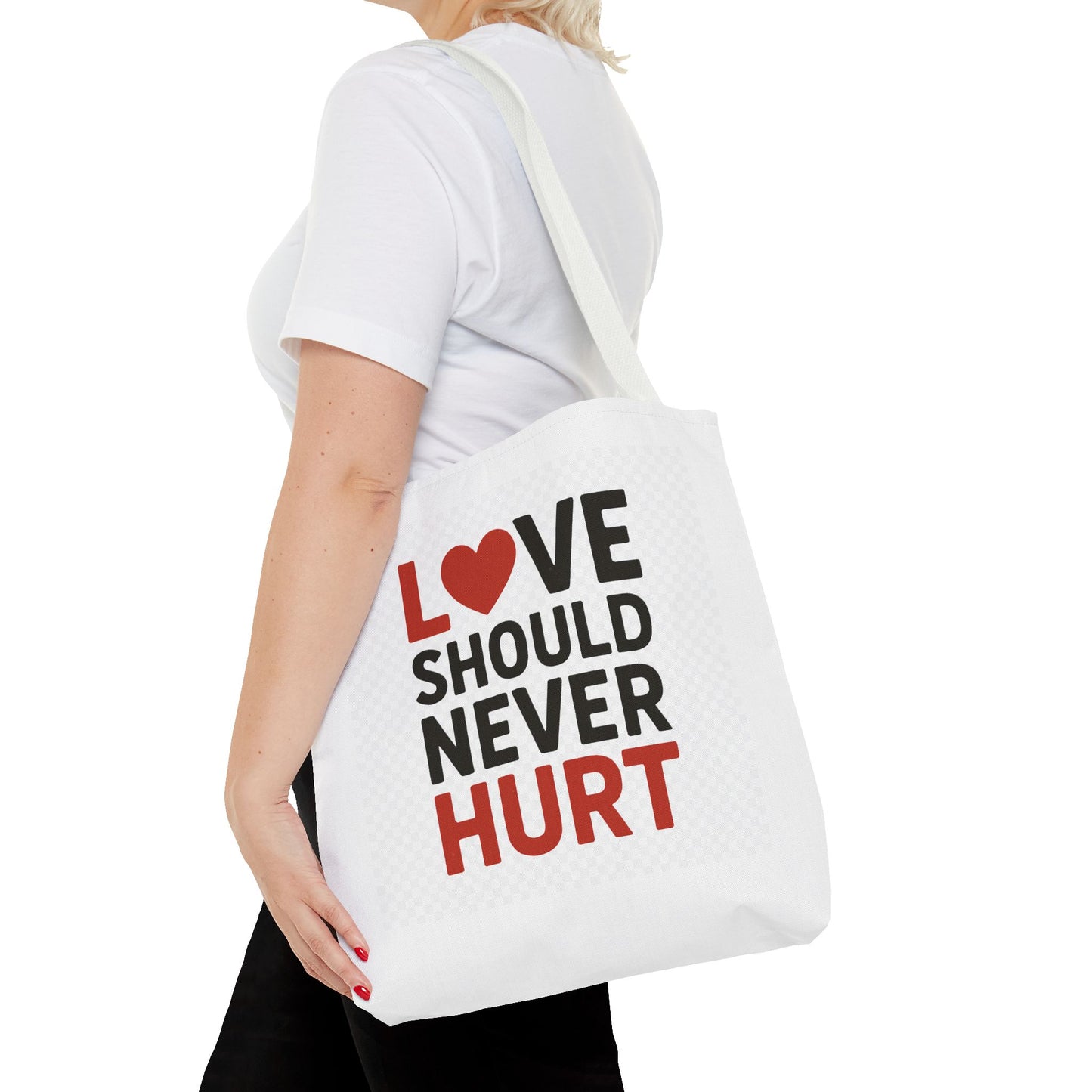 Love Should Never Hurt Tote Bag – Inspirational Gift for Awareness Events, Eco-Friendly Reusable Shopping Bag, Positive Affirmation Bag
