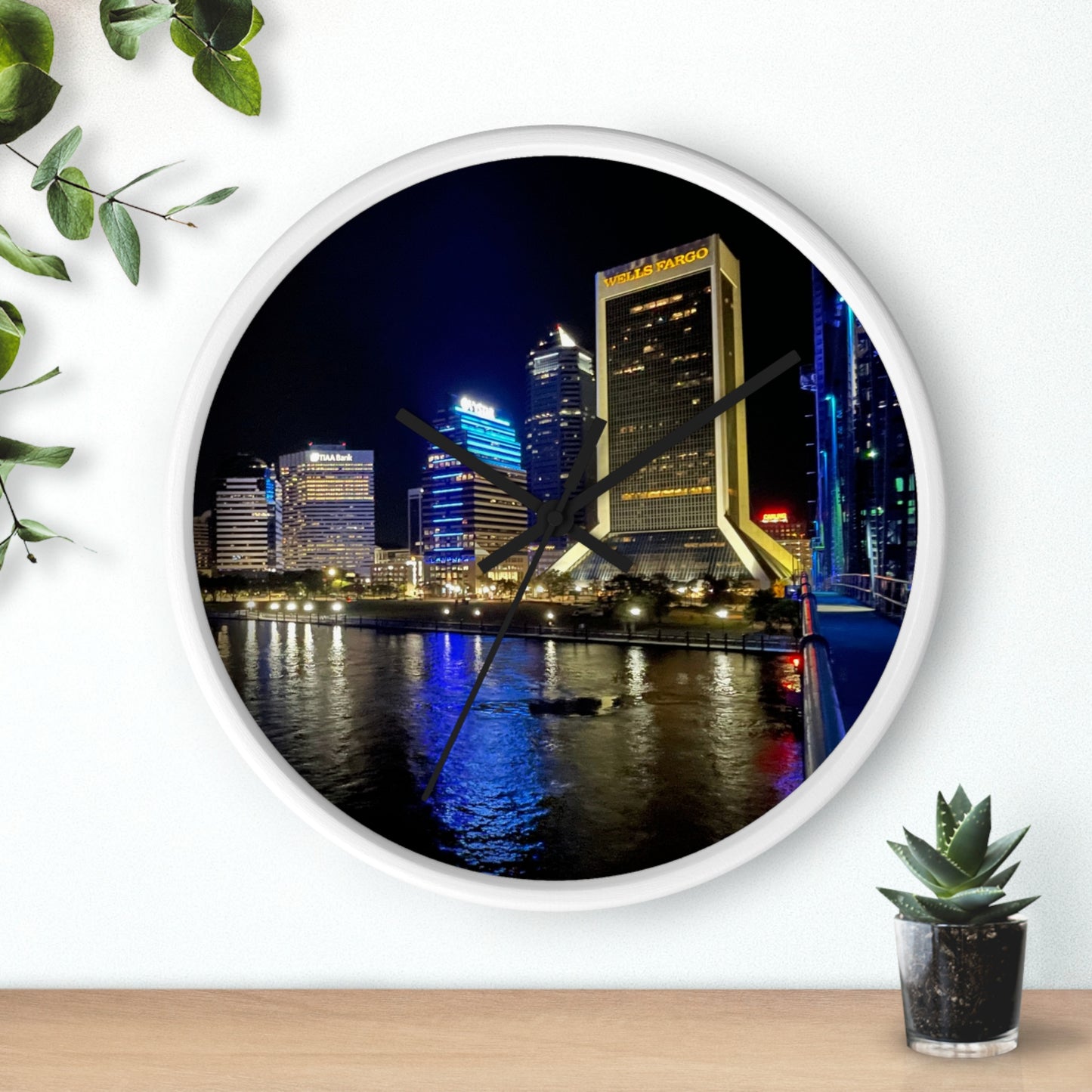 City Nightscape Wall Clock — Illuminated Skyline Reflection Clock for Modern Home Décor