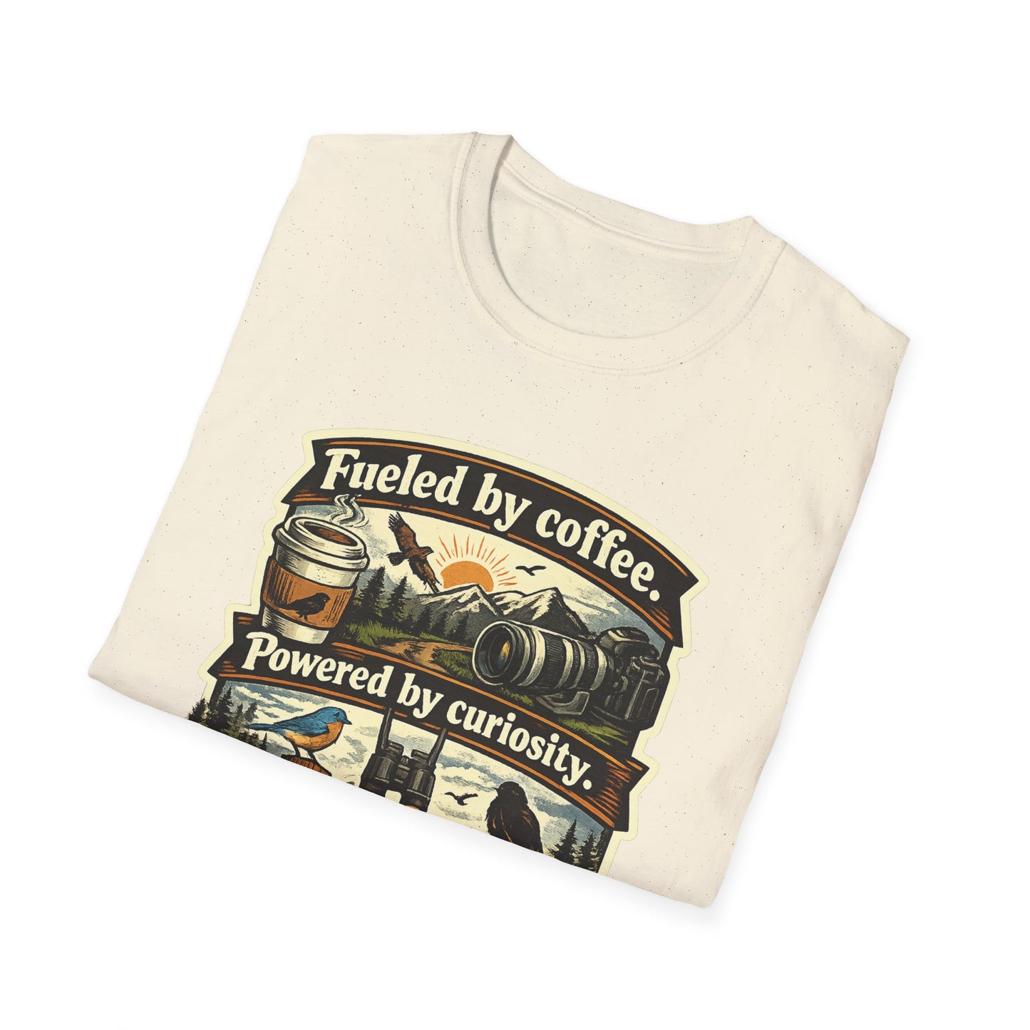 Birdwatcher Graphic T-Shirt — "Fueled by Coffee. Powered by Curiosity. Braking for Birds."