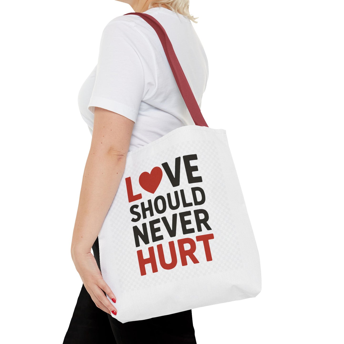 Love Should Never Hurt Tote Bag – Inspirational Gift for Awareness Events, Eco-Friendly Reusable Shopping Bag, Positive Affirmation Bag
