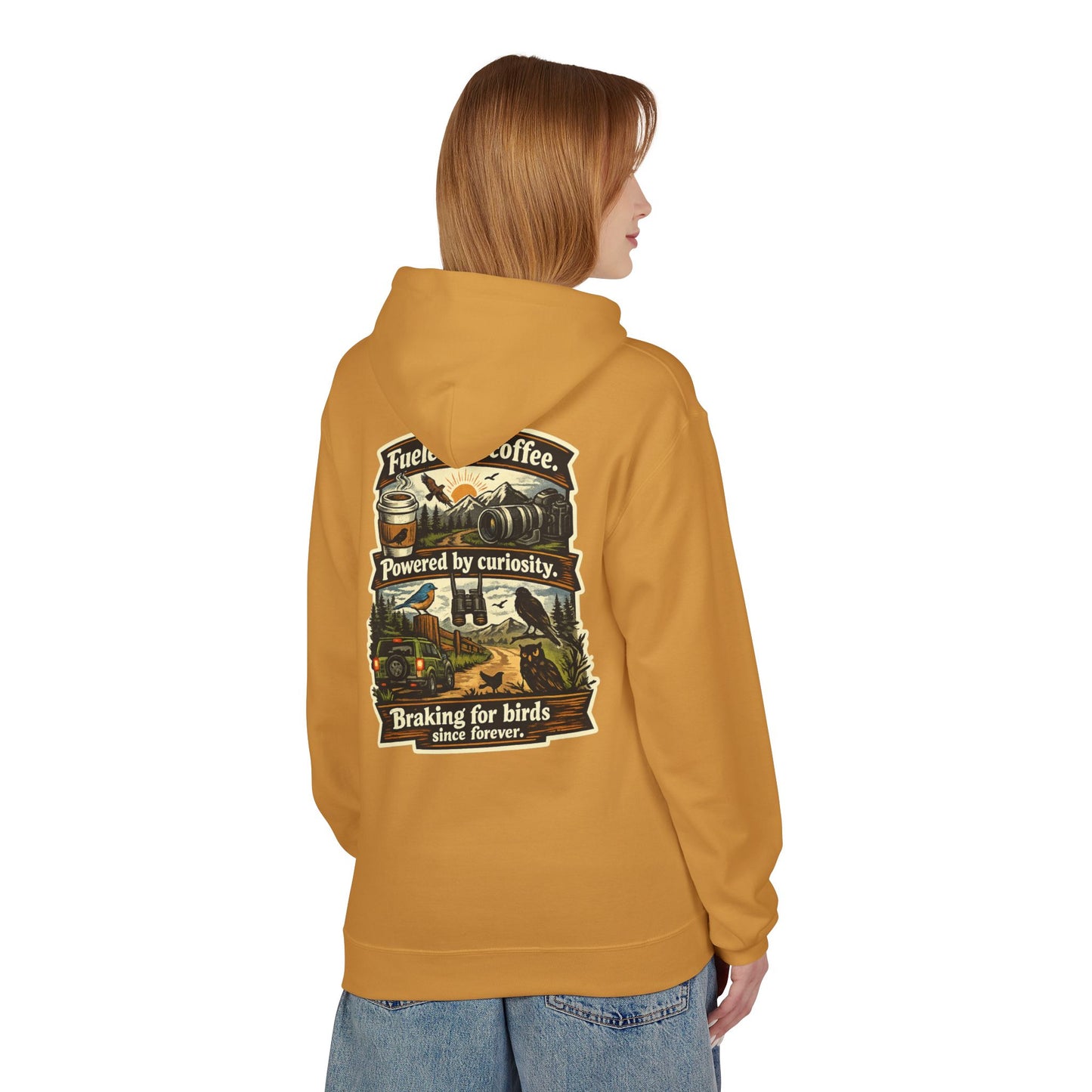 Hoodie — "Fueled by Coffee, Powered by Curiosity, Braking for Birds" Vintage Adventure Graphic