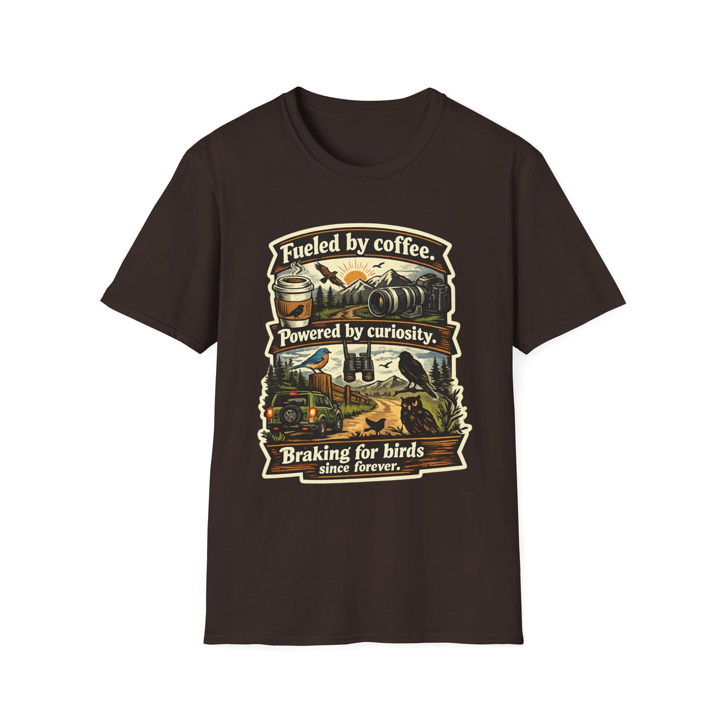 Birdwatcher Graphic T-Shirt — "Fueled by Coffee. Powered by Curiosity. Braking for Birds."