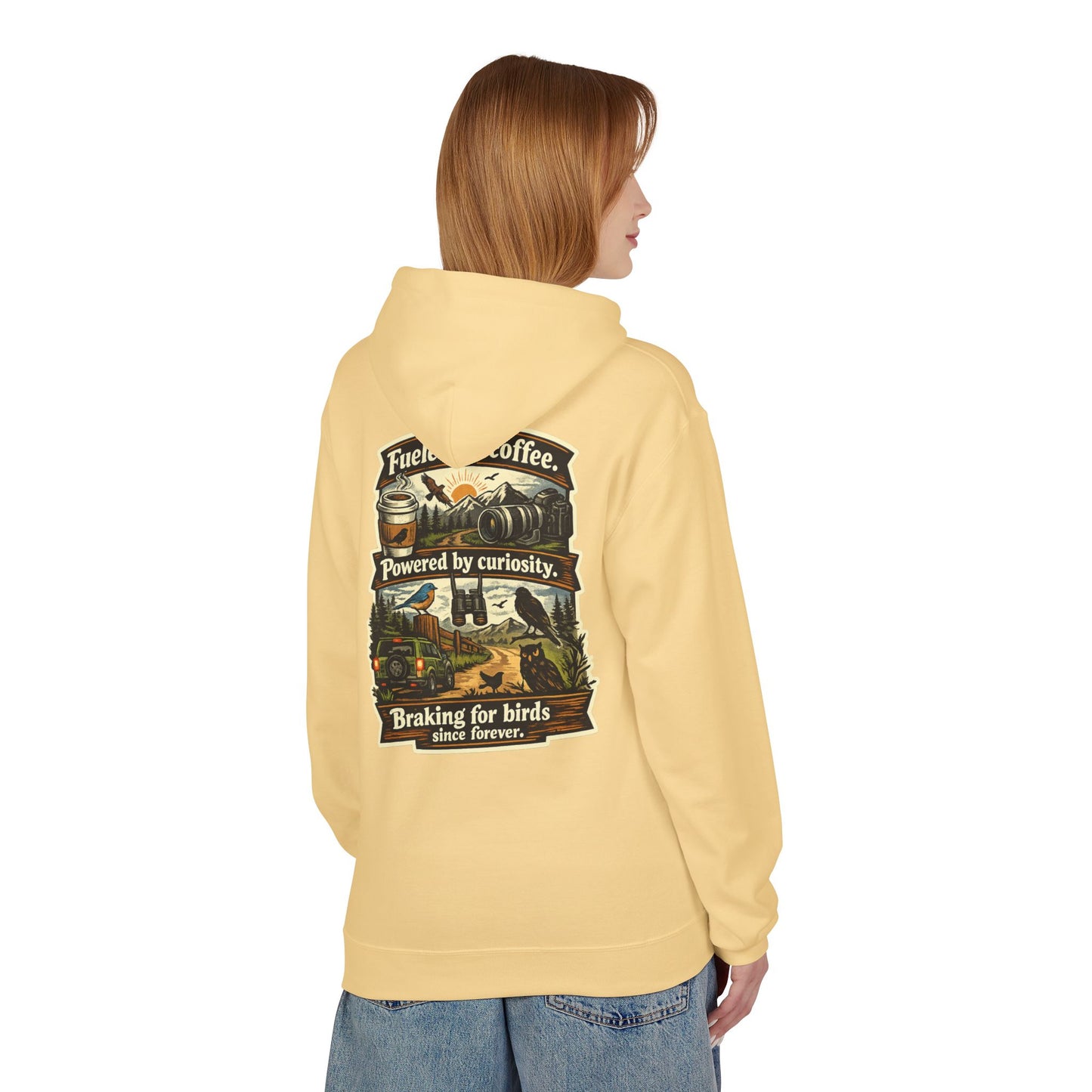Hoodie — "Fueled by Coffee, Powered by Curiosity, Braking for Birds" Vintage Adventure Graphic