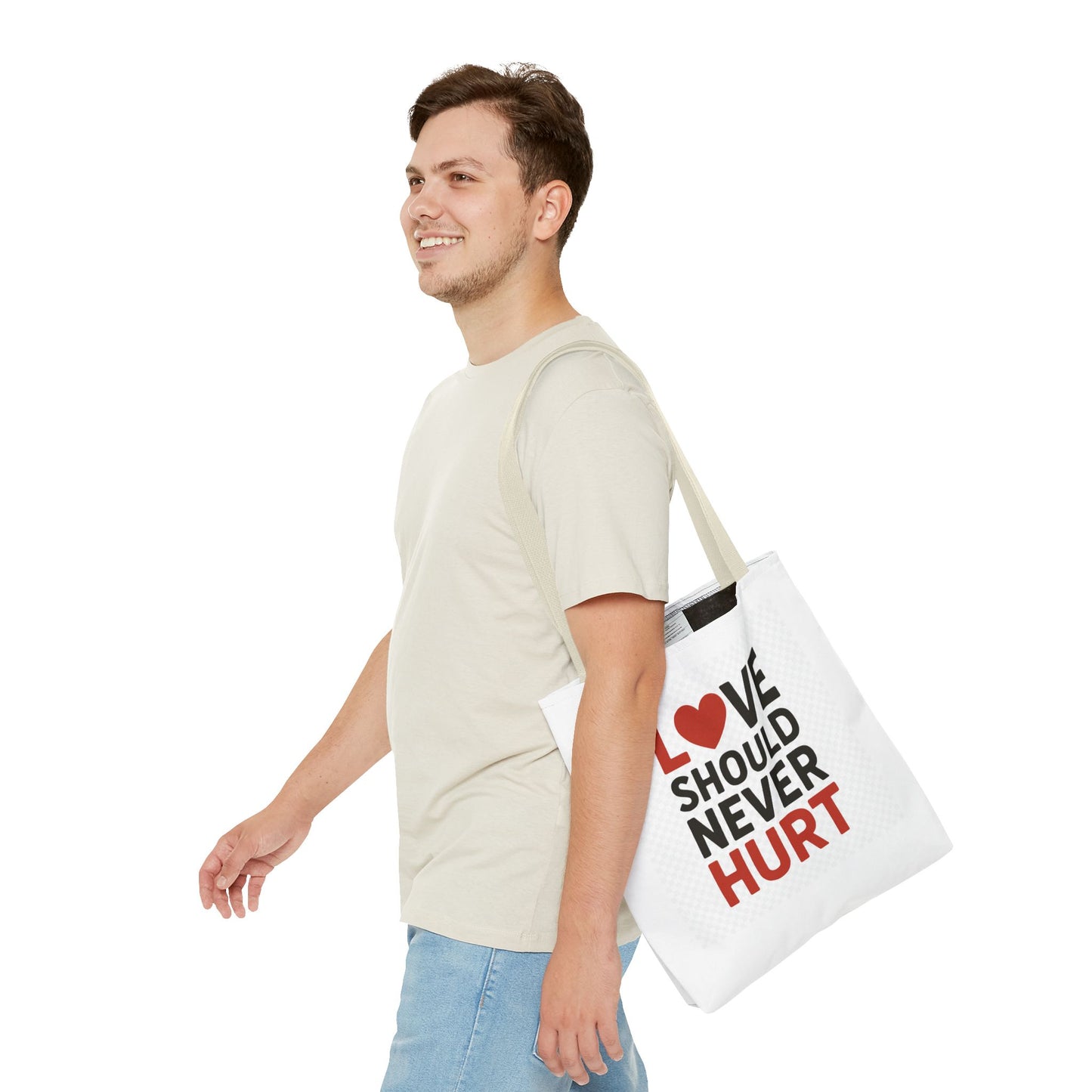 Love Should Never Hurt Tote Bag – Inspirational Gift for Awareness Events, Eco-Friendly Reusable Shopping Bag, Positive Affirmation Bag