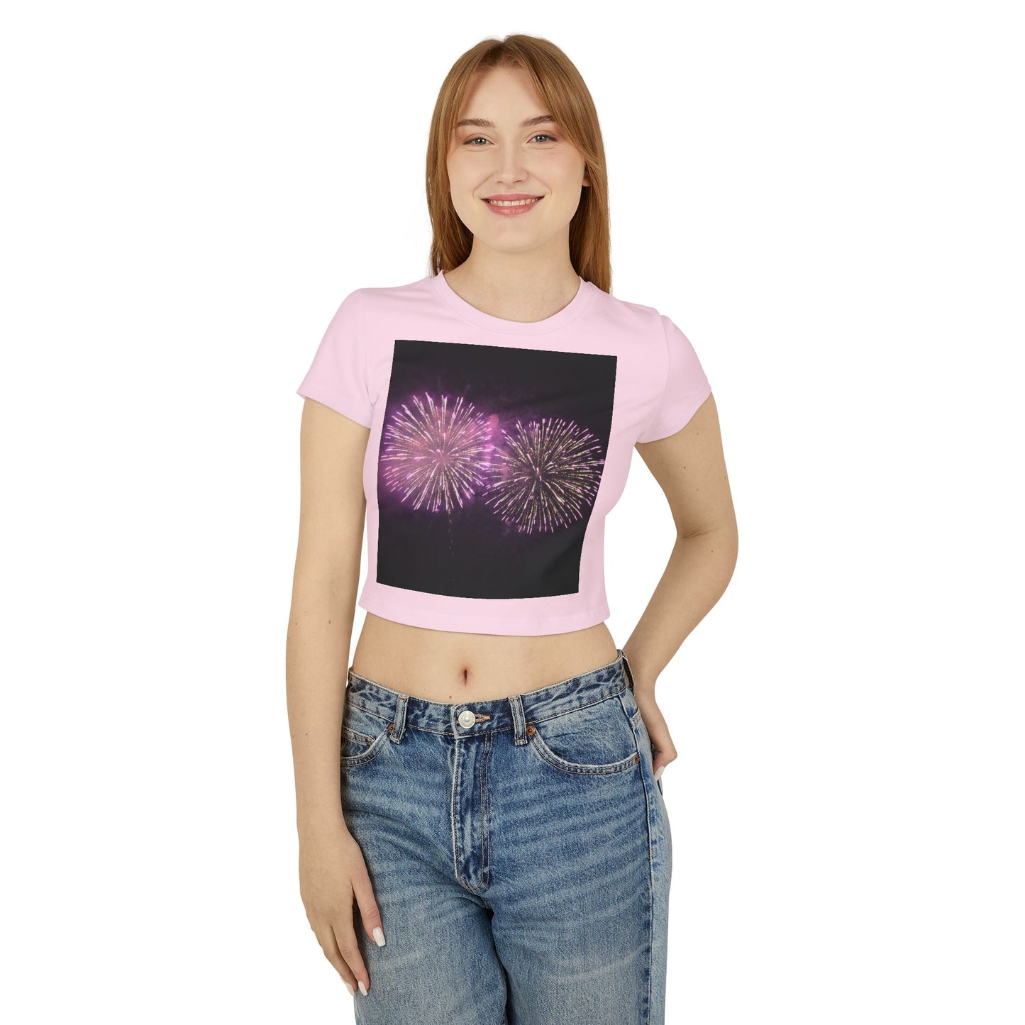 Women's Baby Tee with Vibrant Fireworks Design | Casual Summer Top, Festival Wear, Party Shirt, Celebrate Events, Gift for Her