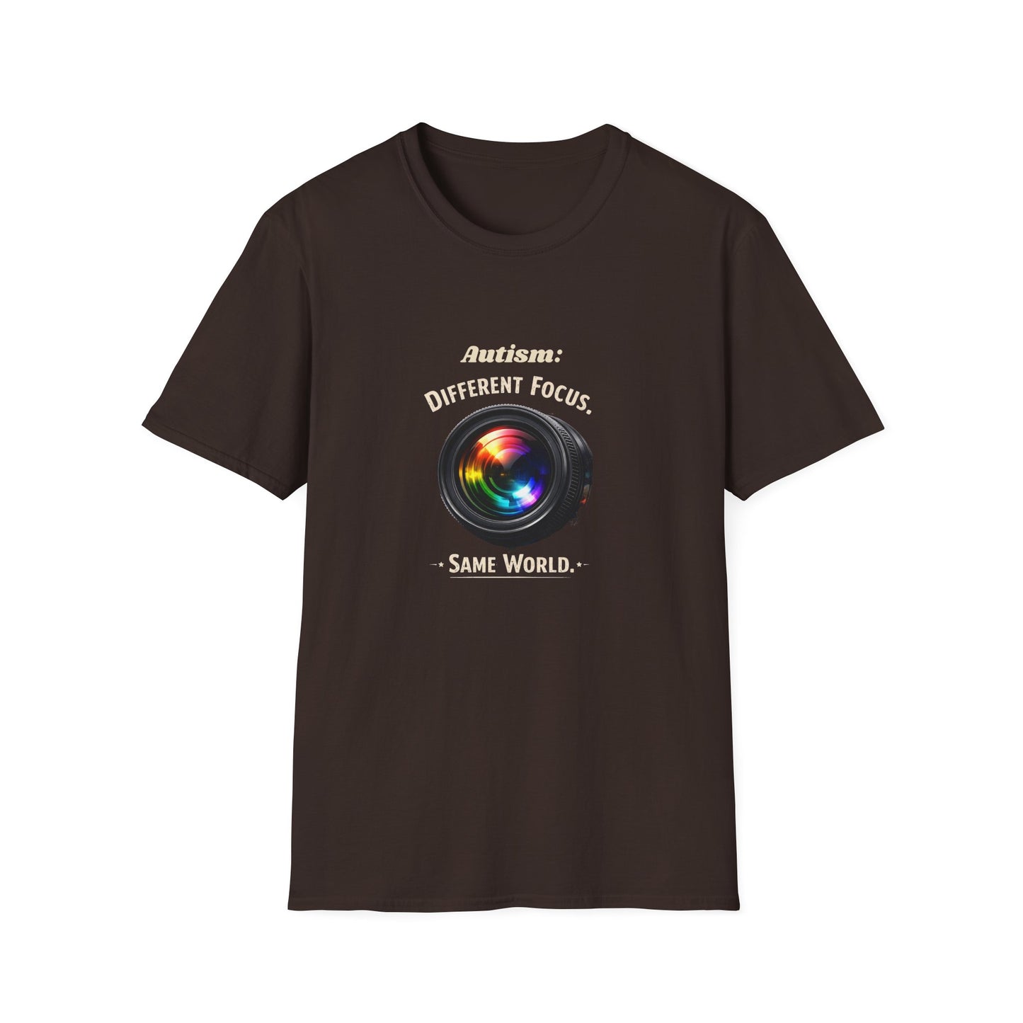 Autism: Different Focus Same World T-Shirt — Camera Lens Awareness Tee