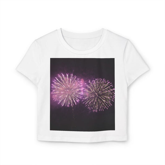 Women's Baby Tee with Vibrant Fireworks Design | Casual Summer Top, Festival Wear, Party Shirt, Celebrate Events, Gift for Her