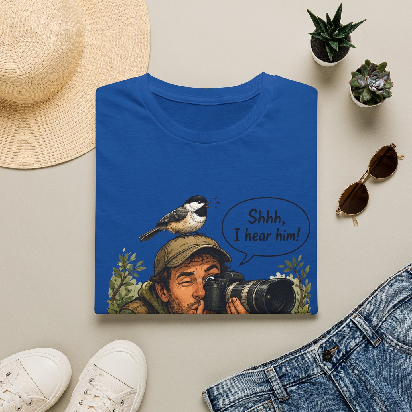 Birdwatcher Photographer T‑Shirt — “Shhh, I hear him!” Nature Lover Tee