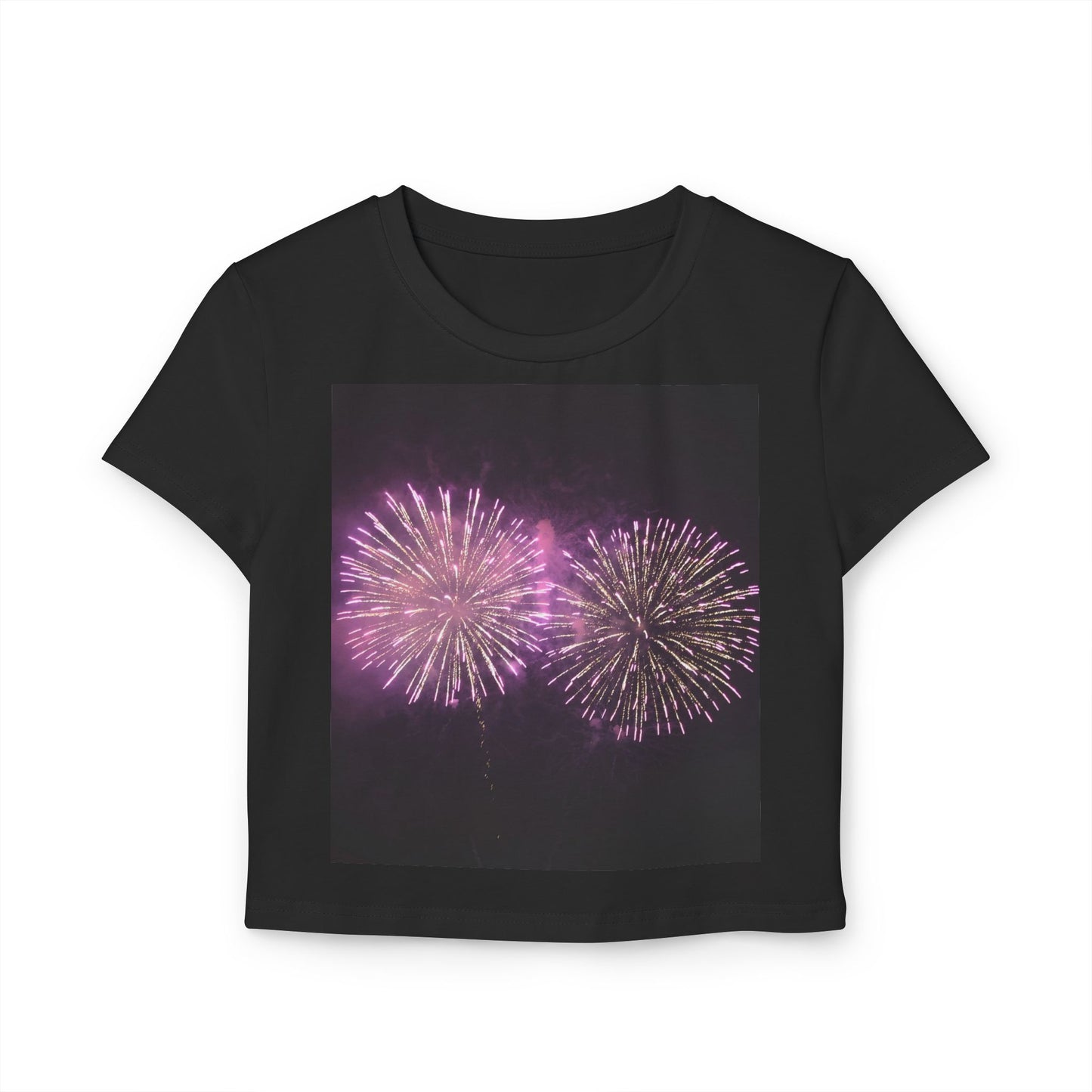 Women's Baby Tee with Vibrant Fireworks Design | Casual Summer Top, Festival Wear, Party Shirt, Celebrate Events, Gift for Her