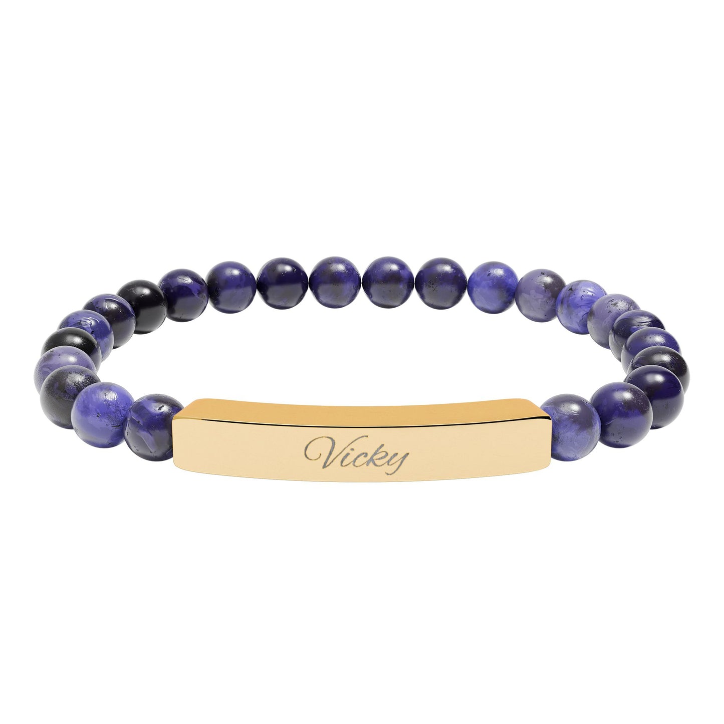 Engravable Natural Stone Bar Bracelet — Stretch Beaded Personalized Jewelry