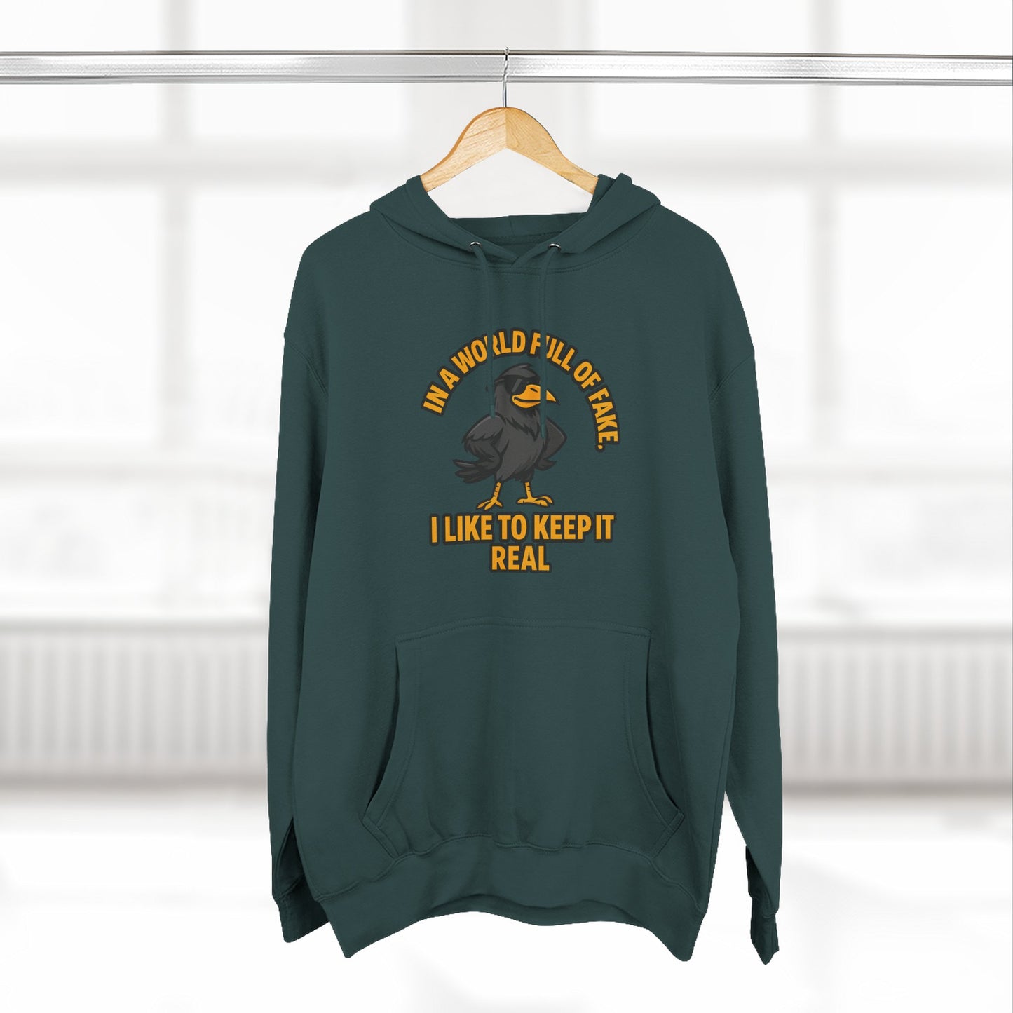 Three-Panel Hoodie — Funny Ostrich "I Like to Keep It Real" Graphic