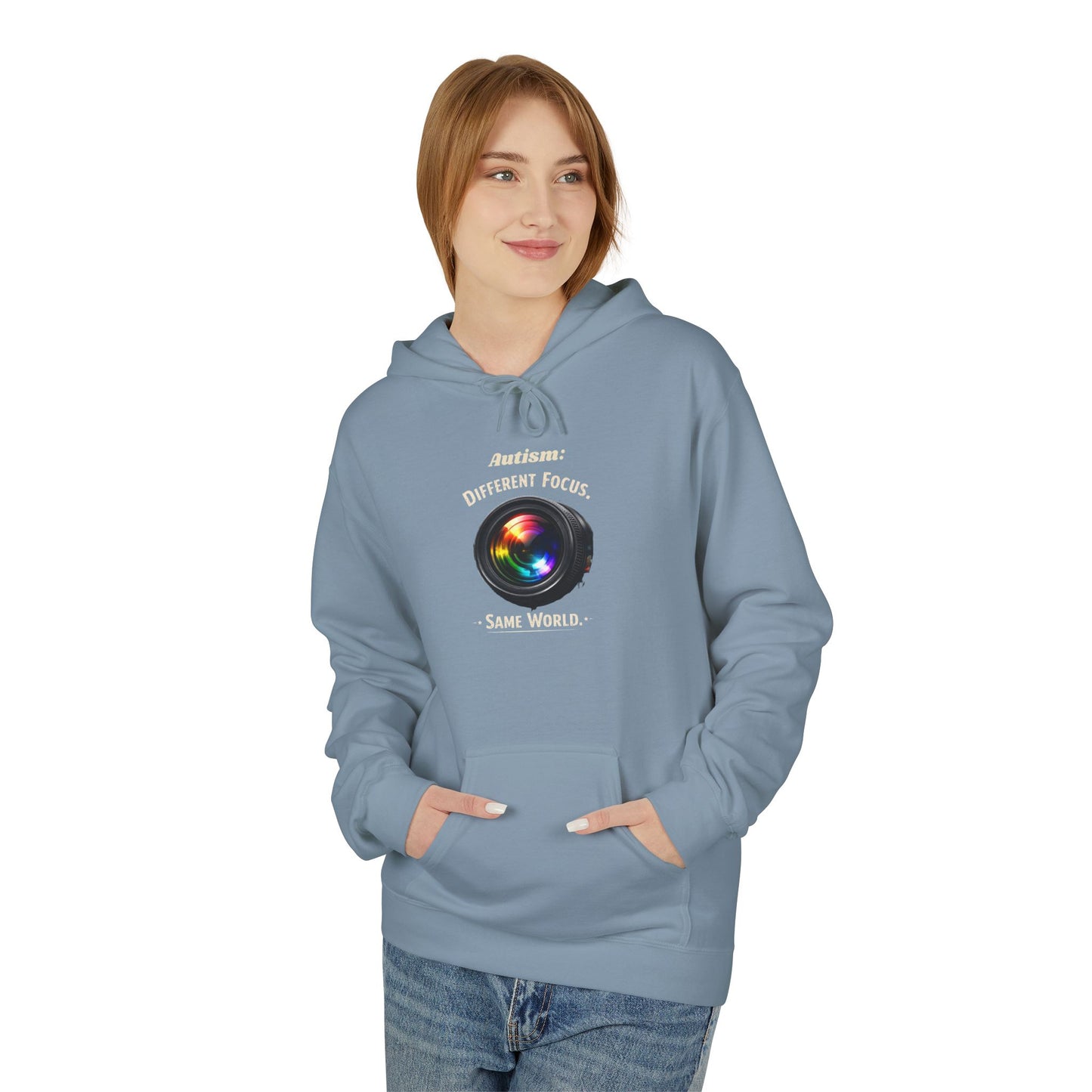 Hoodie — 'Different Not Less, Same World' Rainbow Eye Graphic