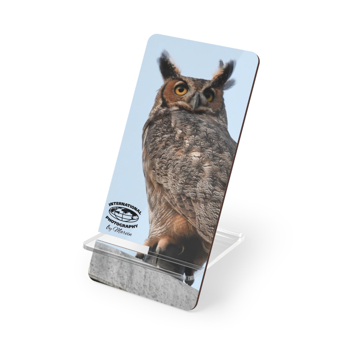 Owl Photo Phone Stand — Portable Smartphone Display Stand with Great Horned Owl Design