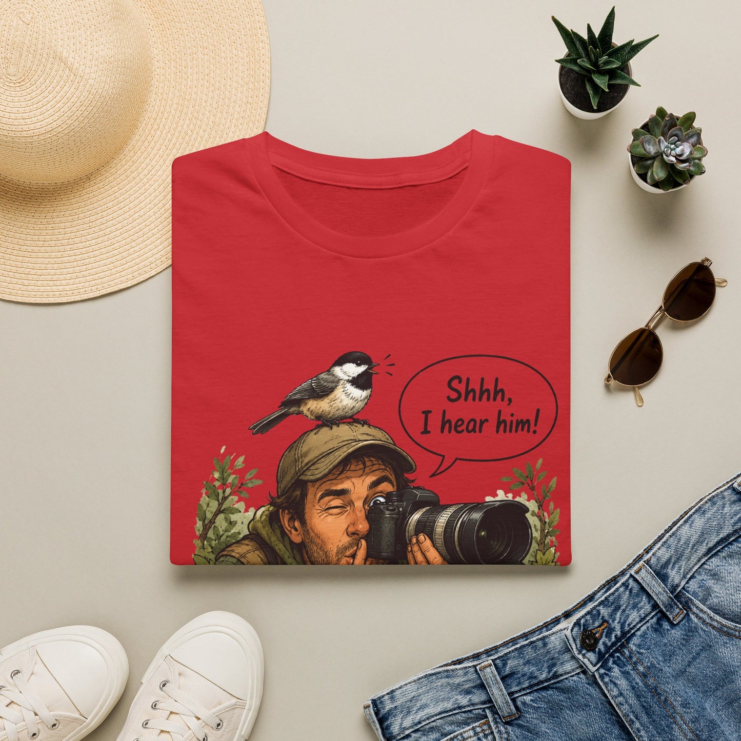 Birdwatcher Photographer T‑Shirt — “Shhh, I hear him!” Nature Lover Tee