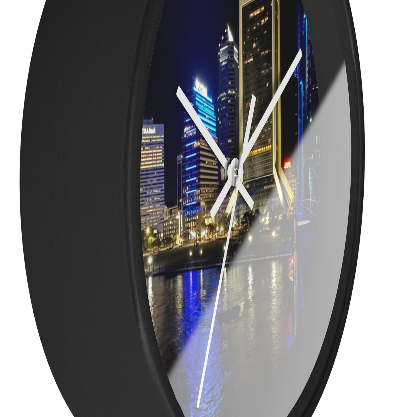 City Nightscape Wall Clock — Illuminated Skyline Reflection Clock for Modern Home Décor