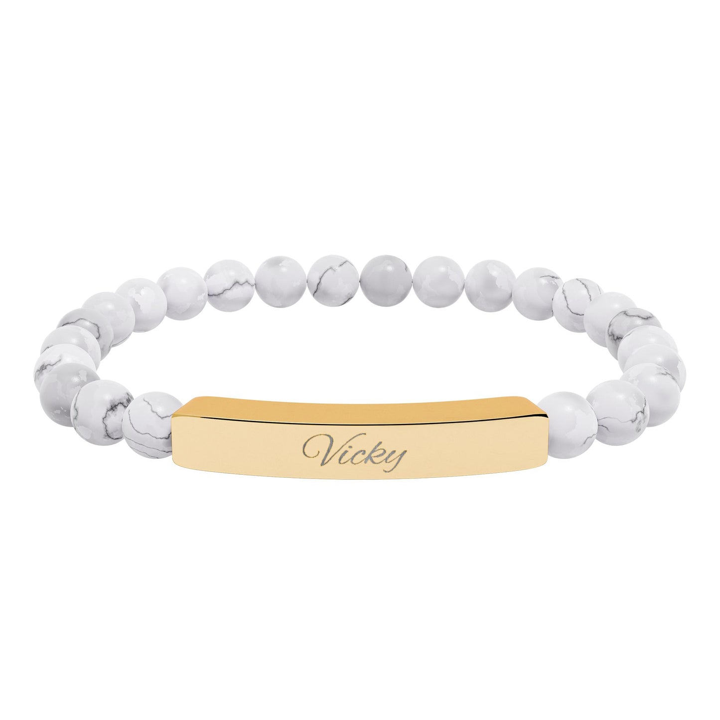 Engravable Natural Stone Bar Bracelet — Stretch Beaded Personalized Jewelry