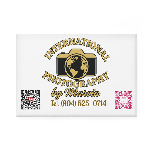 Rectangle Button Magnet — “International Photography by Marvin” Logo with Camera & QR Codes
