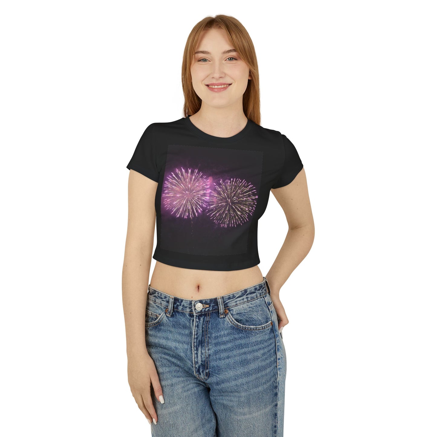 Women's Baby Tee with Vibrant Fireworks Design | Casual Summer Top, Festival Wear, Party Shirt, Celebrate Events, Gift for Her