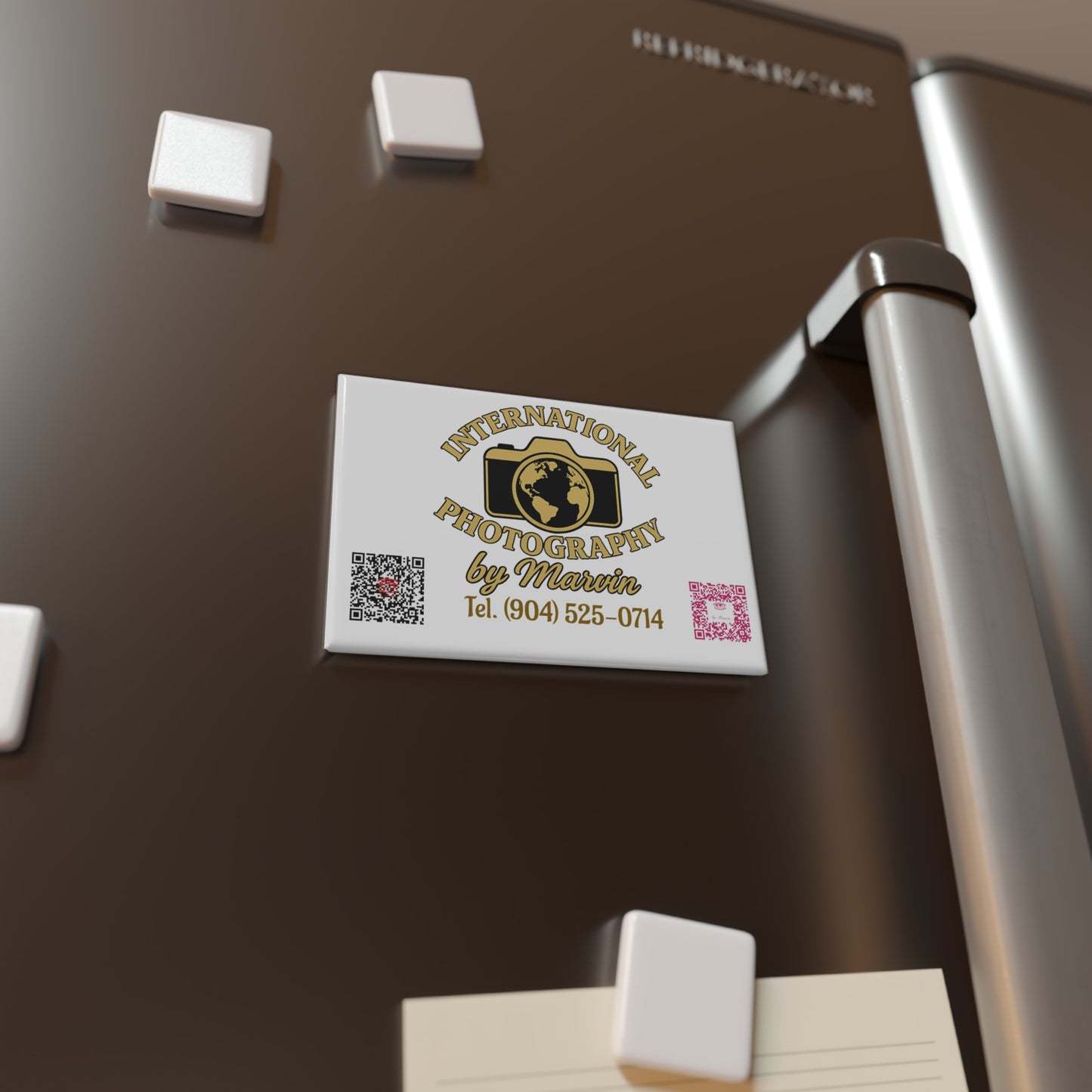 Rectangle Button Magnet — “International Photography by Marvin” Logo with Camera & QR Codes