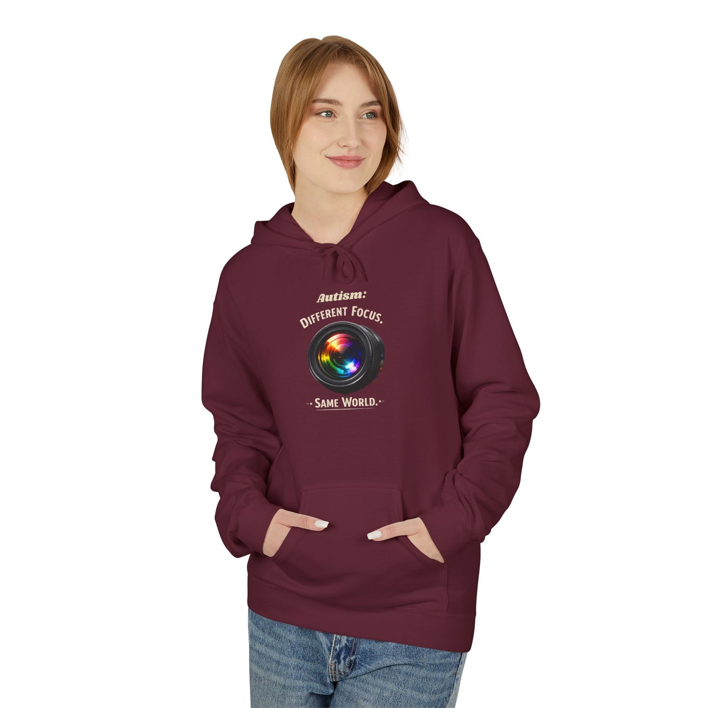 Hoodie — 'Different Not Less, Same World' Rainbow Eye Graphic